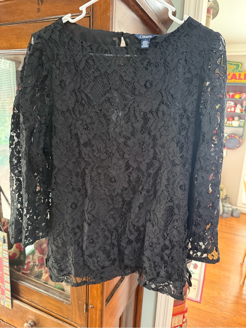 NWT CHAPS , Black Lace Polyester Tunic Blouse Size Medium $70